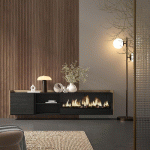 SKRAUT HOME - MEUBLE TV EFFET BOIS NOIR ET CHÊNE 212X35X50CM CHEMINÉE EFFET FEU XXL