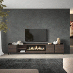SKRAUT HOME - MEUBLE TV EFFET BOIS DE CHÊNE ET NOIR 315X35X61CM CHEMINÉE EFFET FEU