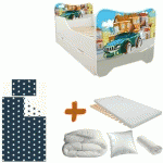 PACK COMPLET LIT SUPERVOITURE LIT +SOMMIER+TIROIR DE RANGEMENT +MATELAS & PARURE+COUETTE+OREILLER - 70 X140 CM