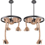 LOT DE 2 LUSTRE SUSPENSION INDUSTRIELLE RÉTRO EN CORDE DE CHANVRE 3 LUMIÈRES E27 POUR SALON CUISINE RESTAURANT BAR Ø35CM NOIR - NOIR