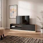 SKRAUT HOME - MEUBLE TV EFFET BOIS NOIR ET CHÊNE 207X37X50CM AVEC LED