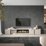 SKRAUT HOME - MEUBLE TV EFFET BOIS BEIGE 315X35X50CM CHEMINÉE EFFET FEU XXL