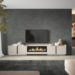 SKRAUT HOME - MEUBLE TV EFFET BOIS BEIGE 315X35X50CM CHEMINÉE EFFET FEU XXL