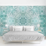 PAPIER PEINT INTISSÉ PREMIUM - MANDALA WATERCOLOR ORNAMENT PATTERN TURQUOISE - MURAL FORMAT PAYSAGE DIMENSION HXL: 290CM X 432CM