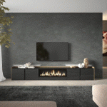 SKRAUT HOME - MEUBLE TV EFFET BOIS NOIR ET CHÊNE 315X35X50CM CHEMINÉE EFFET FEU XXL