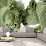 ARTGEIST - PAPIER PEINT LION TENDERNESS - 100 X 70 CM - GRIS ET VERT