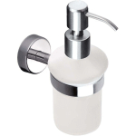 LIQUID SOAP DISPENSER AND STAND, FROSTED GLASS, WALL MOUNTED, STAINLESS STEEL POLISHED FIN
