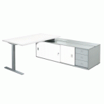 BUREAU OPTYMA L 160 X P 80 CM AVEC RETOUR SUR CONSOLE L 181,5 X P 66 CM ET CAISSON INTÉGRÉ PLATEAU BLANC PIÈTEMENT T MÉTAL ALUMINIUM