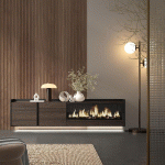 SKRAUT HOME - MEUBLE TV EFFET BOIS DE CHÊNE ET NOIR 212X35X50CM CHEMINÉE EFFET FEU