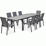 SWEEEK - SALON DE JARDIN TABLE EXTENSIBLE - WASHINGTON - TABLE EN ALUMINIUM 200/300CM. 8 FAUTEUILS EN TEXTILÈNE GRIS FONCÉ / GRIS TAUPE - GRIS FONCÉ