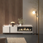 SKRAUT HOME - MEUBLE TV EFFET BOIS BEIGE 212X35X61CM CHEMINÉE EFFET FEU XXL