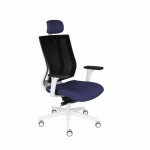 FAUTEUIL DE BUREAU ERGONOMIQUE MAXPRO BLANC, TISSU ET MAILLE, AVEC ACCOUDOIRS 2D ET APPUI-TÊTE, MÉCANISME SYNCHRONE, PIEDS BLANCS - BLEU FONCÉ