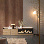 SKRAUT HOME - MEUBLE TV EFFET BOIS DE CHÊNE ET NOIR 212X35X50CM CHEMINÉE EFFET FEU