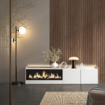 SKRAUT HOME - MEUBLE TV EFFET BOIS BLANC ET CHÊNE 212X35X50CM CHEMINÉE EFFET FEU XXL