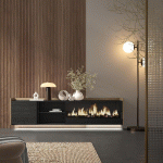 SKRAUT HOME - MEUBLE TV EFFET BOIS NOIR ET CHÊNE 212X35X50CM CHEMINÉE EFFET FEU XXL