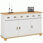 IDIMEX - BUFFET COLMAR COMMODE BAHUT VAISSELIER MEUBLE BAS RANGEMENT AVEC 3 TIROIRS ET 3 PORTES, EN PIN MASSIF LASURÉ BLANC ET BRUN - BLANC/BRUN