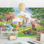 PAPIER PEINT INTISSÉ - ANIMAL CLUB INTERNATIONAL - ENCHANTED FOREST WITH UNICORN - MURAL FORMAT PAYSAGE DIMENSION HXL: 190CM X 288CM