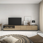 SKRAUT HOME - MEUBLE TV, BANC TÉLÉ, 310X50X37 CM, POUR LES TV JUSQU'À 80, CHEMINÉE ÉLECTRIQUE, CHÊNE ET NOIR