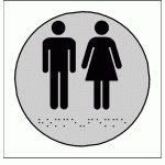 LOT DE 2 - PLAQUE EN RELIEF ET BRAILLE TOILETTES HOMMES ET FEMMES - DIAM 10CM - ARGENT