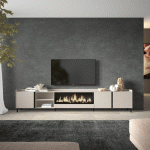 SKRAUT HOME - MEUBLE TV EFFET BOIS BEIGE 315X35X61CM CHEMINÉE EFFET FEU XXL