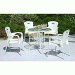SALON DE JARDIN EN ACIER PLATEAU VERRE TREMPÉ ALMERA 4 PERSONNES HEVEA