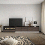 SKRAUT HOME - MEUBLE TV EFFET BOIS DE CHÊNE ET NOIR 310X37X50CM CHEMINÉE EFFET FEU