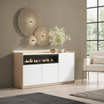 SKRAUT HOME - BUFFET EFFET BOIS BLANC ET CHÊNE 156X37X80CM CHEMINÉE EFFET FEU