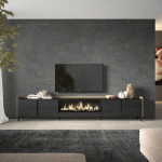 SKRAUT HOME - MEUBLE TV EFFET BOIS NOIR ET CHÊNE 315X35X61CM CHEMINÉE EFFET FEU XXL