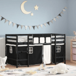 LIT MEZZANINE ENFANTS ET RIDEAUX BLANC/NOIR 90X200CM PIN MASSIF