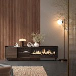 SKRAUT HOME - MEUBLE TV EFFET BOIS DE CHÊNE ET NOIR 212X35X61CM CHEMINÉE EFFET FEU