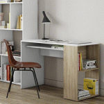 BUREAU YALE BLANC 114 X 50 CM AVEC ÉTAGÈRE CHÊNE
