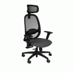 FAUTEUIL DE BUREAU ERGONOMIQUE NODI, TISSU ET MAILLE, AVEC ACCOUDOIRS 3D ET APPUI-TÊTE, MÉCANISME SYNCHRONE, PIEDS NOIRS - GRIS FONCÉ