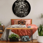 TABLEAU EN MÉTAL ROND MÉTALLISÉ ROI DES ANIMAUX LION CHAT SAUVAGE AFRIQUE Ø 100CM - NOIR