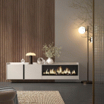 SKRAUT HOME - MEUBLE TV EFFET BOIS BEIGE 212X35X50CM CHEMINÉE EFFET FEU XXL