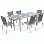 SALON DE JARDIN TABLE EXTENSIBLE - ORLANDO - TABLE EN ALUMINIUM 150/210CM ET 6 CHAISES EN TEXTILÈNE BLANC / TAUPE - BLANC