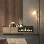 SKRAUT HOME - MEUBLE TV EFFET BOIS DE CHÊNE ET NOIR 212X35X61CM CHEMINÉE EFFET FEU