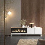 SKRAUT HOME - MEUBLE TV EFFET BOIS BLANC ET CHÊNE 212X35X61CM CHEMINÉE EFFET FEU XXL