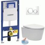 PACK WC BATI-SUPPORT GEBERIT CUVETTE SAT RIMLESS FIXATIONS INVISIBLES + ABATTANT SOFTCLOSE + PLAQUE BLANC CHROME GEBSATRIMLESS-C