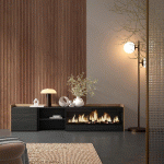 SKRAUT HOME - MEUBLE TV EFFET BOIS NOIR ET CHÊNE 212X35X50CM CHEMINÉE EFFET FEU XXL