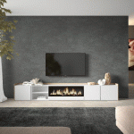 SKRAUT HOME - MEUBLE TV EFFET BOIS BLANC ET CHÊNE 315X35X50CM CHEMINÉE EFFET FEU XXL