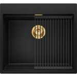 EVIER CUISINE EN GRANIT 58 X 53 CM LAVABO 1 BAC + SIPHON CLASSIQUE, ÉVIER À ENCASTRER DE PRIMAGRAN NOIR + DORÉ - GOLD