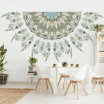 PAPIER PEINT INTISSÉ - MANDALA WATERCOLOR FEATHERS SEMICIRCULAR GREEN BLUE - MURAL FORMAT PAYSAGE DIMENSION HXL: 255CM X 384CM