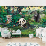 PAPIER PEINT INTISSÉ - ANIMAL CLUB INTERNATIONAL - JUNGLE WITH ANIMALS - MURAL FORMAT PAYSAGE DIMENSION HXL: 190CM X 288CM