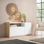 SKRAUT HOME - BUFFET SALON ET CUISINE, 156X80X37 CM, 3 PORTES, MEUBLE CHAUSSURE, BLANC ET CHÊNE SOFT