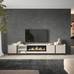 SKRAUT HOME - MEUBLE TV EFFET BOIS BEIGE 315X35X61CM CHEMINÉE EFFET FEU XXL