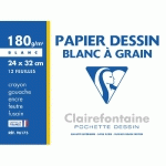 PAPIER DESSIN A GRAIN CLAIREFONTAINE - 24 X 32 CM - 180 G  - POCHETTE DE 12 FEUILLES BLANCHES