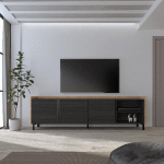 SKRAUT HOME - MEUBLE TV EFFET BOIS NOIR ET CHÊNE 207X35X61CM AVEC PIEDS