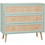 COMMODE EN DÉCOR BOIS VERT CÉLADON ET CANNAGE 90X39X79CM - BOHÈME - 3 TIROIRS - VERT CÉLADON