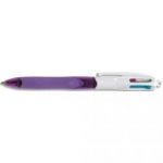 BIC STYLO À BILLE 4 COLOURS GRIP FASHION, POINTE MOYENNE RÉTRACTABLE, CORPS VIOLET AVEC GRIP CONFORT