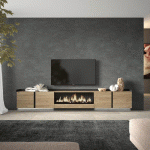 SKRAUT HOME - MEUBLE TV EFFET BOIS DE CHÊNE ET NOIR 315X35X50CM CHEMINÉE EFFET FEU